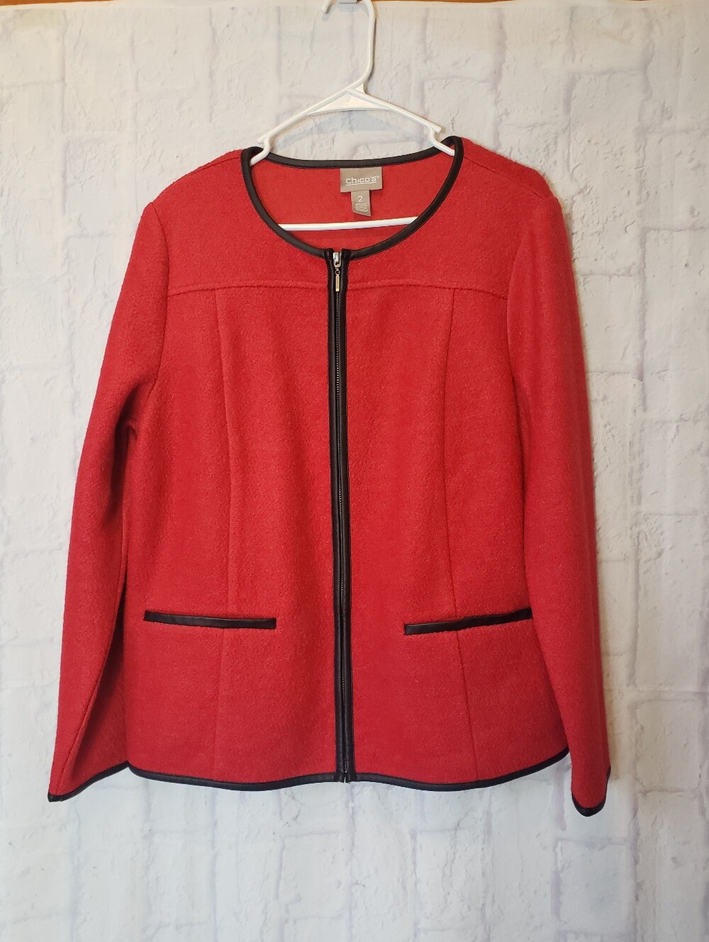 CHICO'S Wool Blend Zip Front Jacket Coat Red With Black Trim Large
